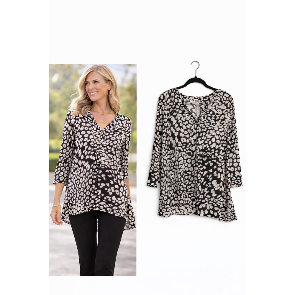 Chicos Womens Double Layer V Neck Leopard Print Blouse Top XL